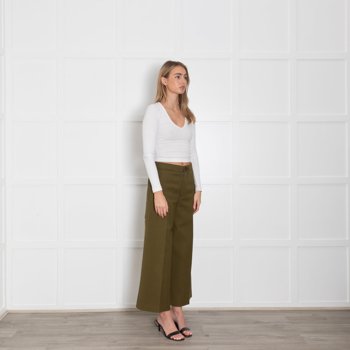 Joseph Olive Green Wide Leg Crop Twill Trousers