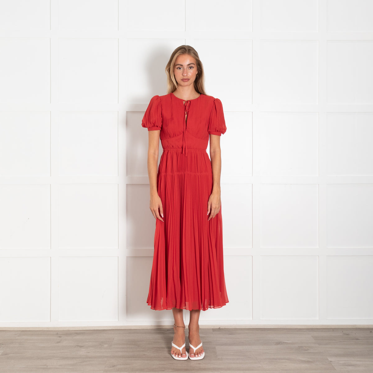 Self-Portrait Red Pleated Short Sleeve Midi Dress