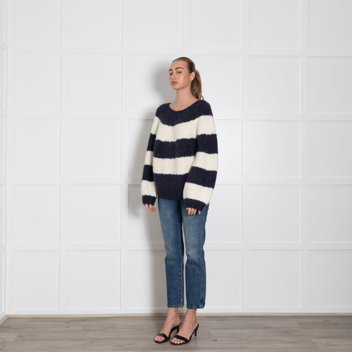 Wyse Blue Cream Wool Blend Chunky Jumper