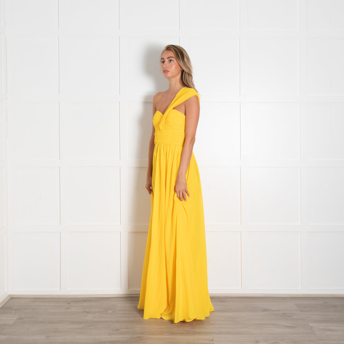 Badgley Mischka Bright Yellow Pleated Bodice One Shoulder Maxi Dress