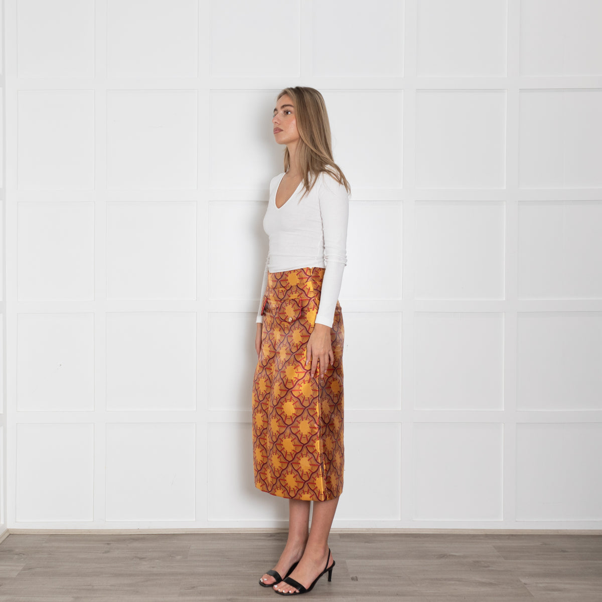 Lisou Burgundy, Yellow, Gold Patterned Midi Skirt