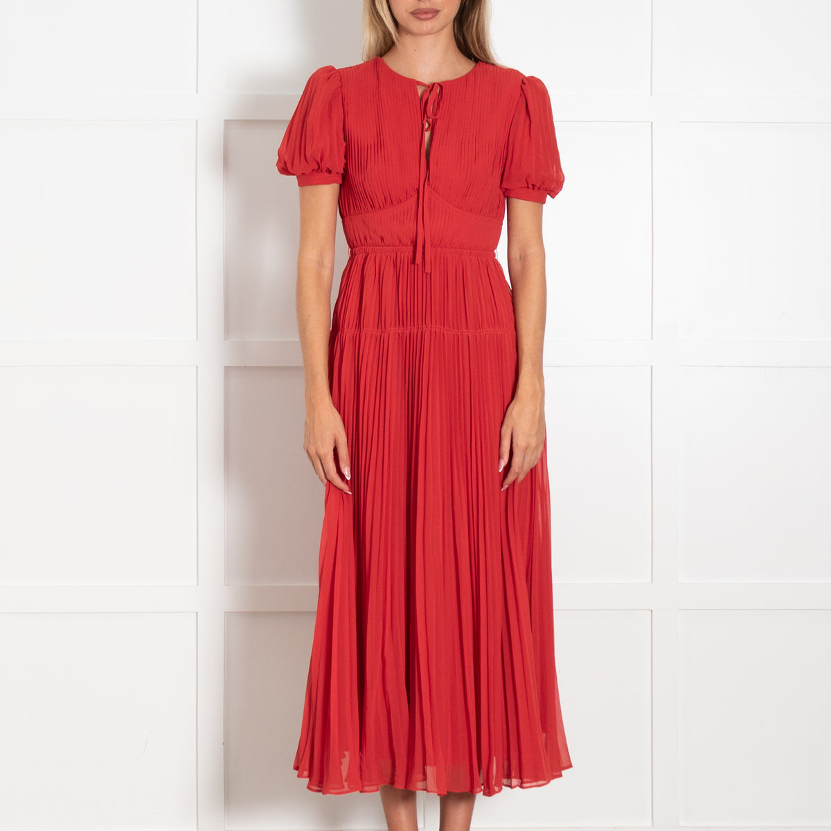 Self-Portrait Red Pleated Short Sleeve Midi Dress