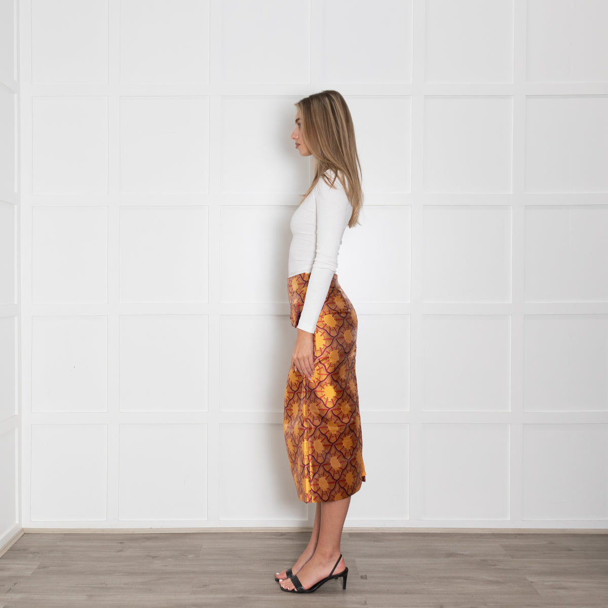 Lisou Burgundy, Yellow, Gold Patterned Midi Skirt