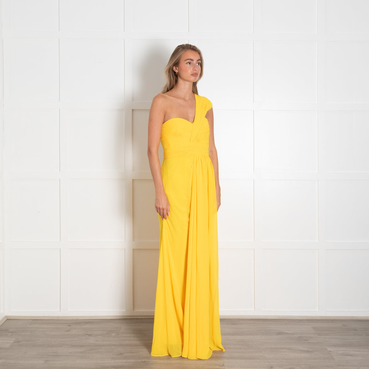 Badgley Mischka Bright Yellow Pleated Bodice One Shoulder Maxi Dress