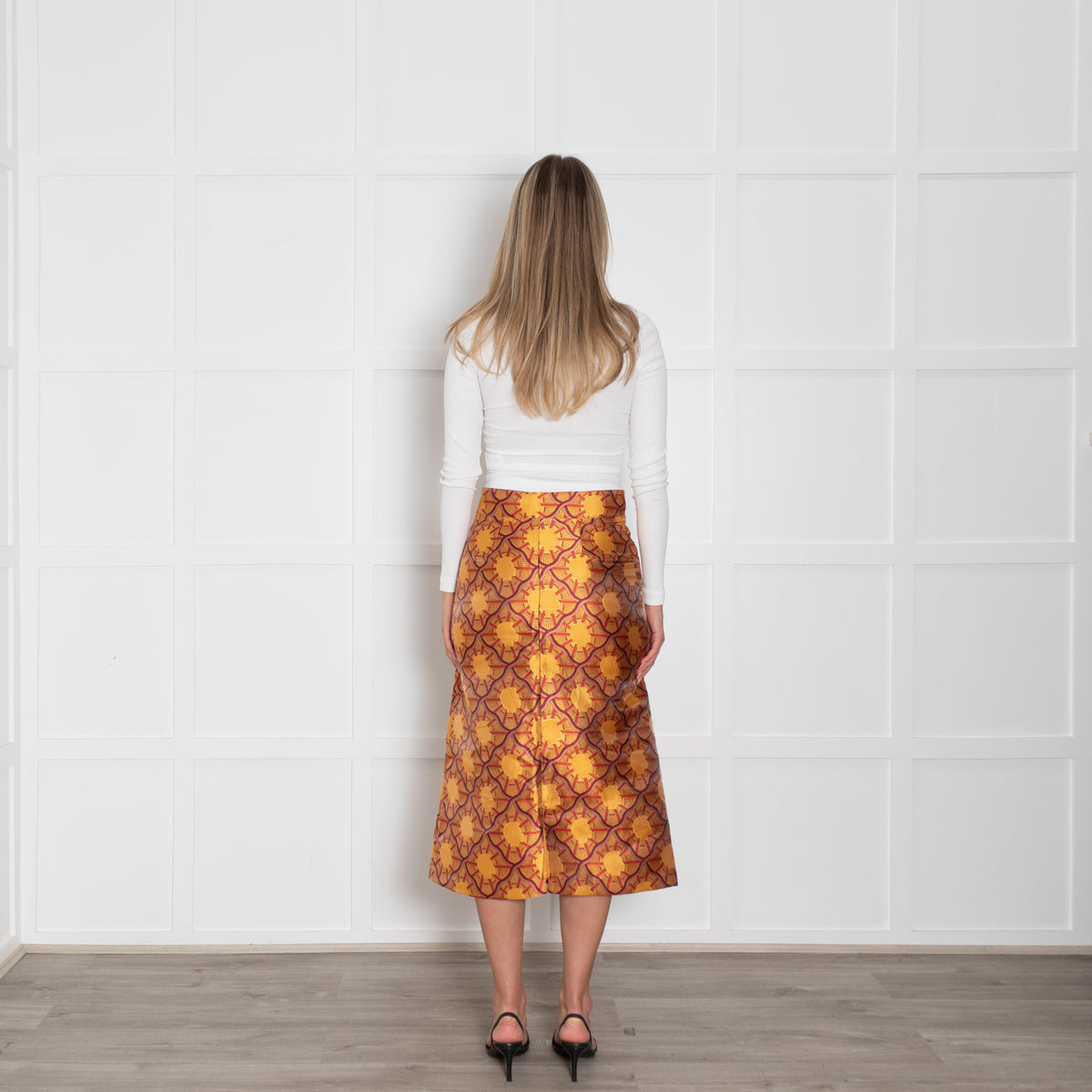 Lisou Burgundy, Yellow, Gold Patterned Midi Skirt