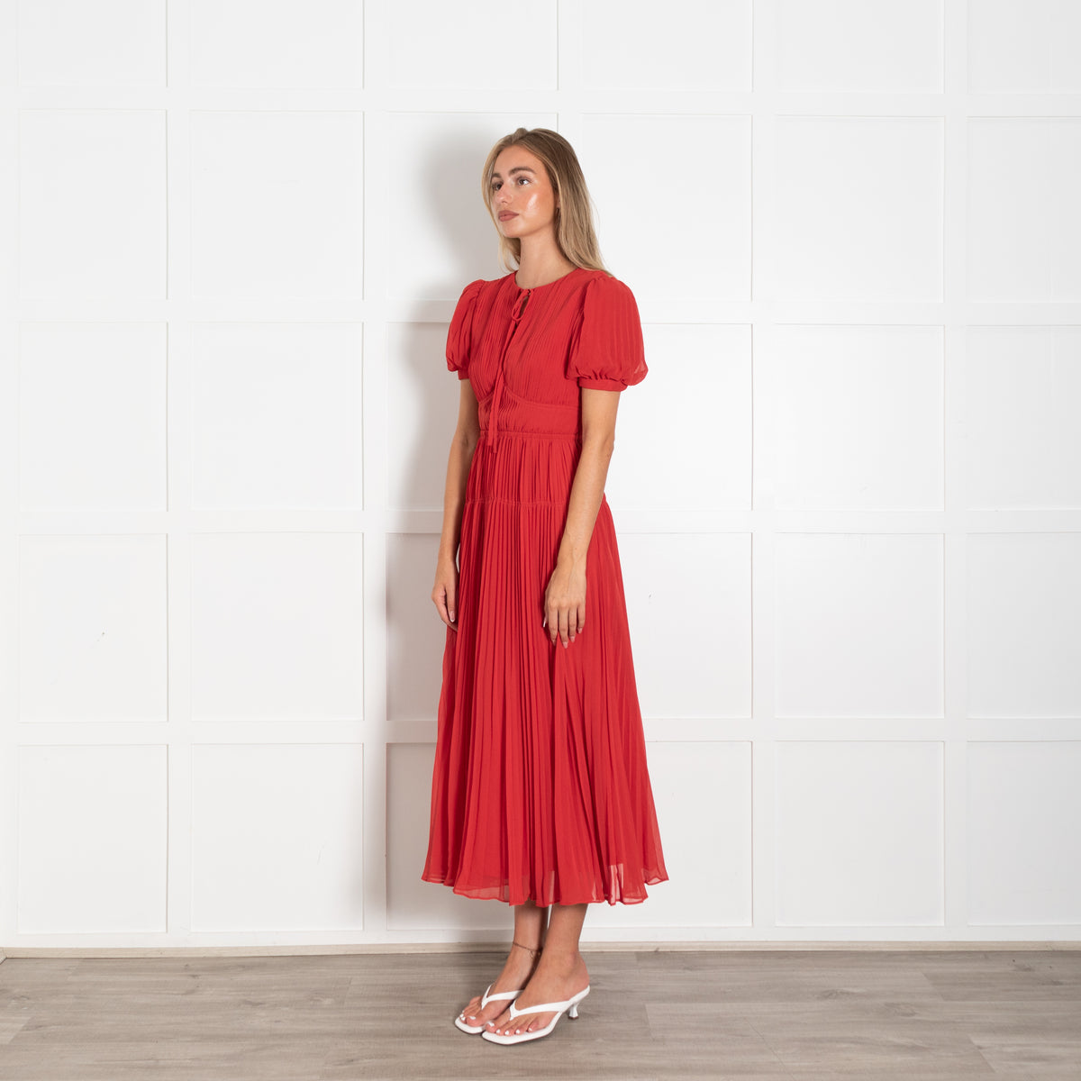 Self-Portrait Red Pleated Short Sleeve Midi Dress