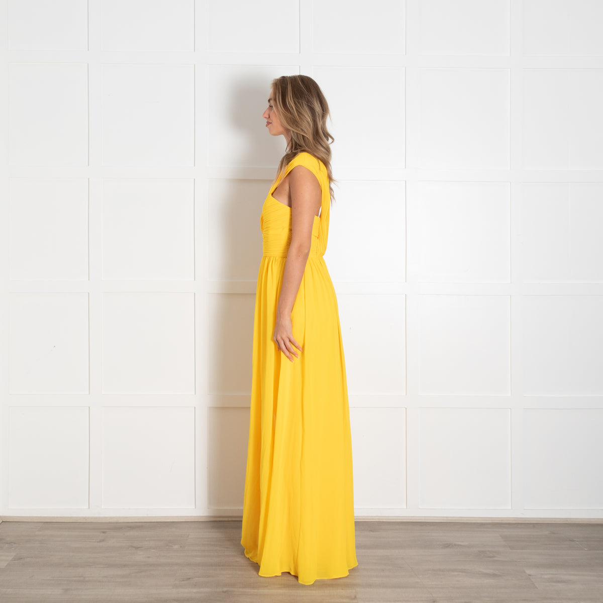 Badgley Mischka Bright Yellow Pleated Bodice One Shoulder Maxi Dress