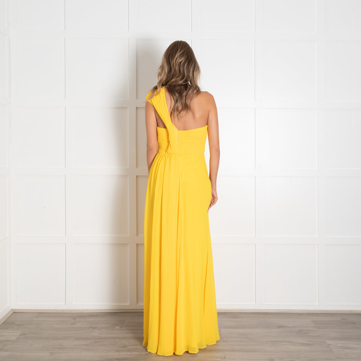 Badgley Mischka Bright Yellow Pleated Bodice One Shoulder Maxi Dress
