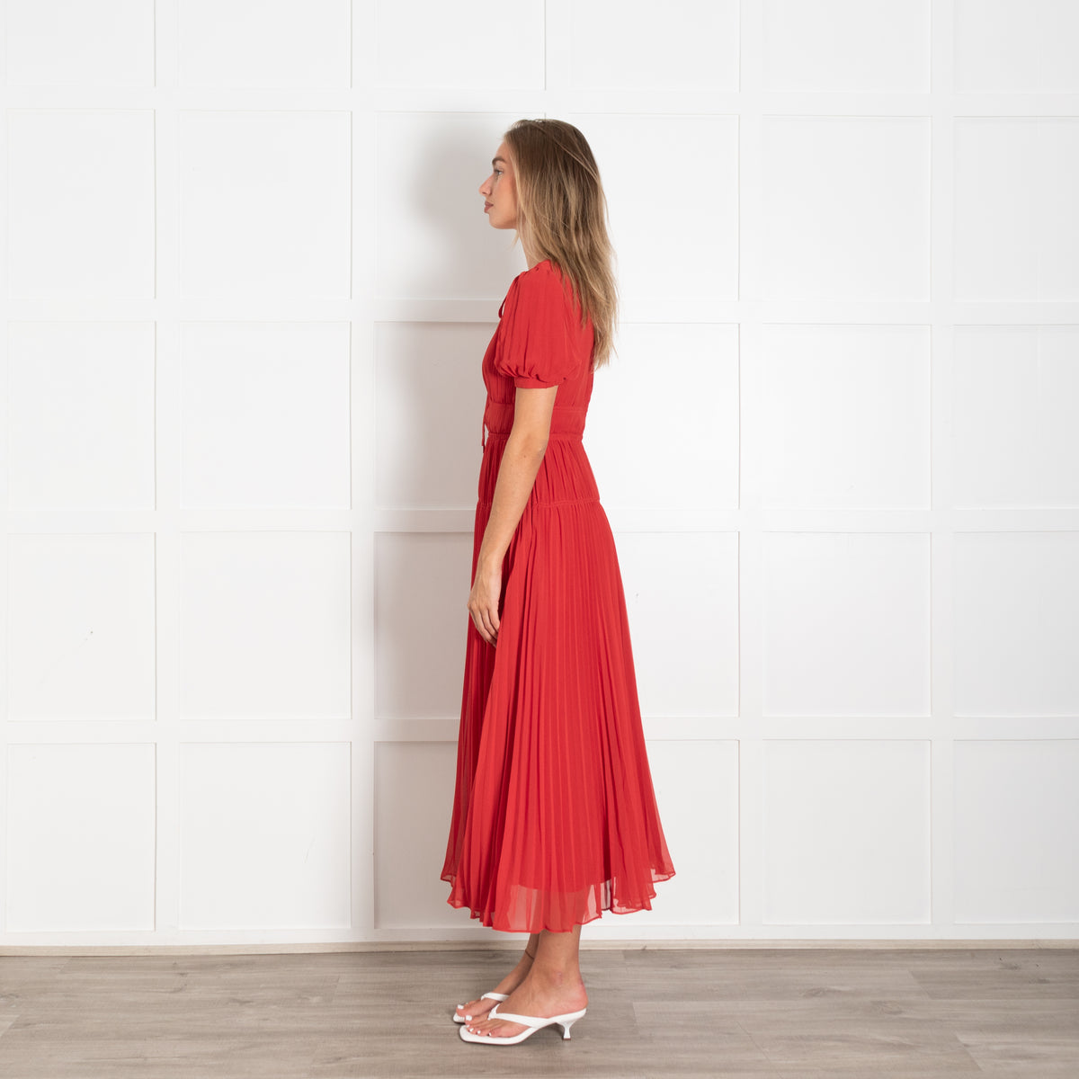 Self-Portrait Red Pleated Short Sleeve Midi Dress