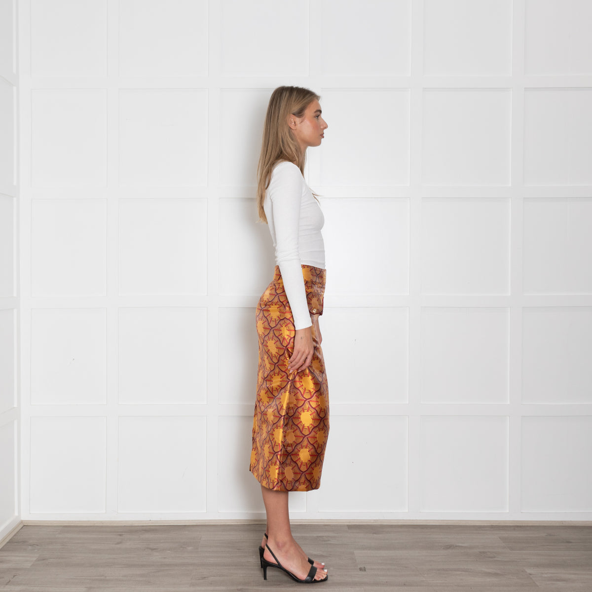 Lisou Burgundy, Yellow, Gold Patterned Midi Skirt