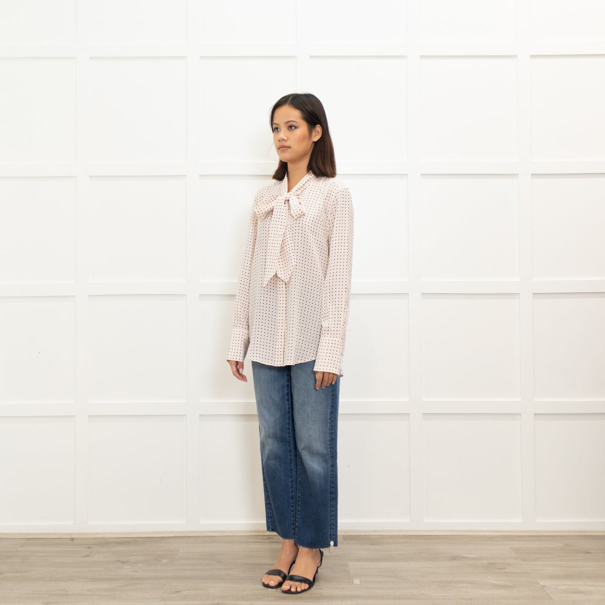Equipment Pink Polka Dot Tie Neck Blouse