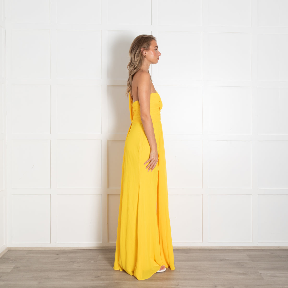Badgley Mischka Bright Yellow Pleated Bodice One Shoulder Maxi Dress