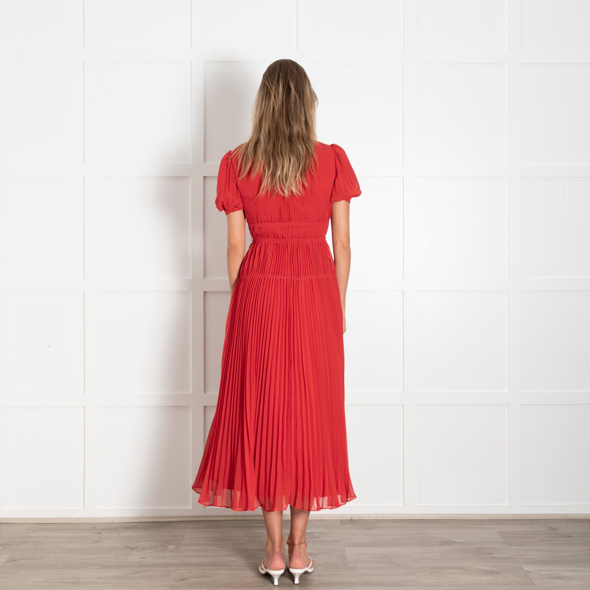 Self-Portrait Red Pleated Short Sleeve Midi Dress