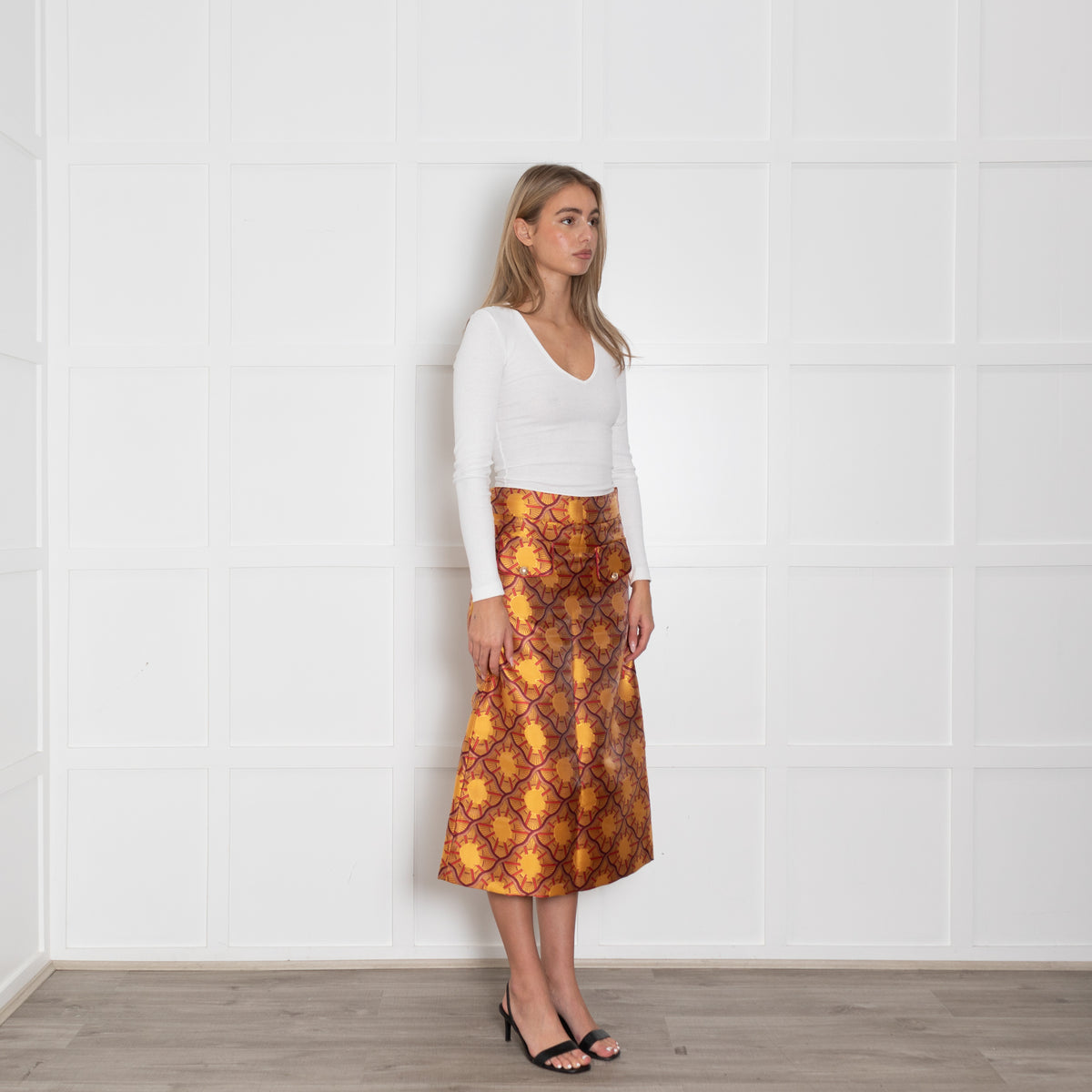 Lisou Burgundy, Yellow, Gold Patterned Midi Skirt