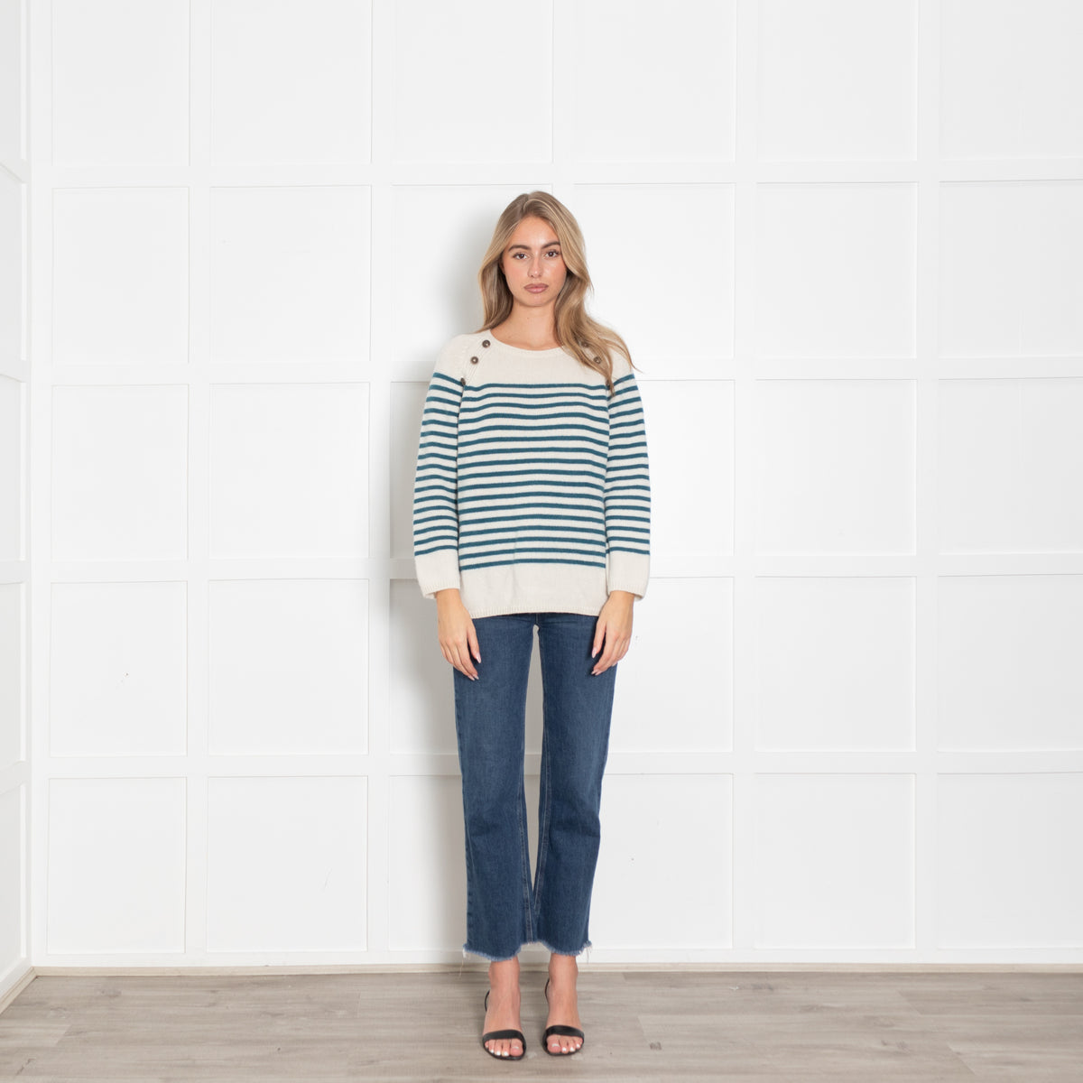 Wyse Cream Teal Striped Cashmere Jumper