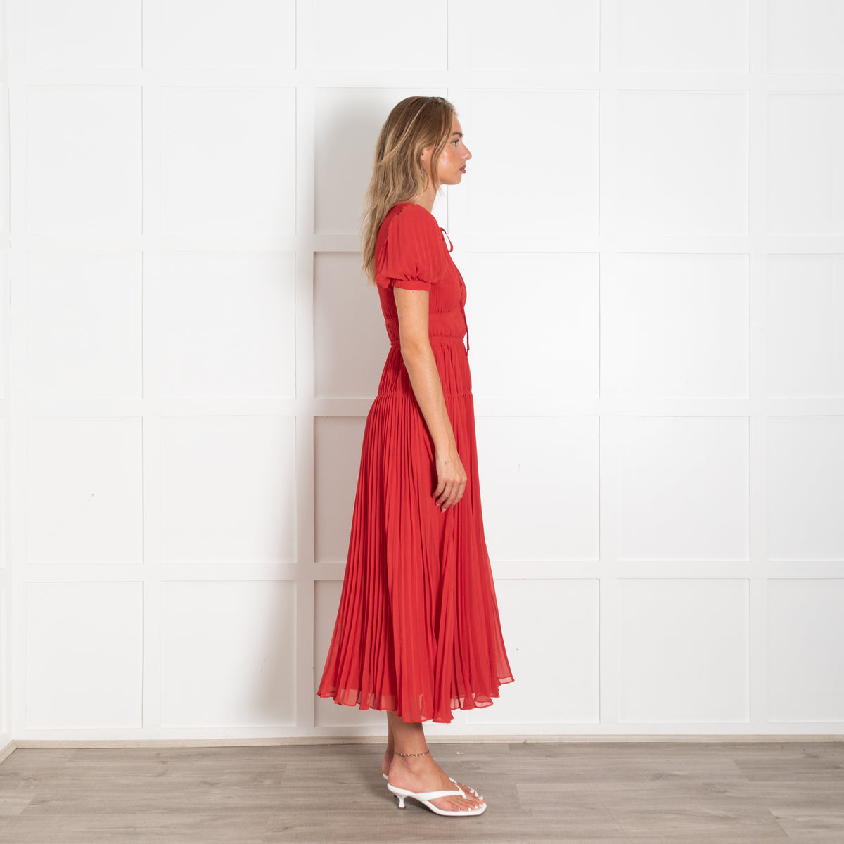 Self-Portrait Red Pleated Short Sleeve Midi Dress