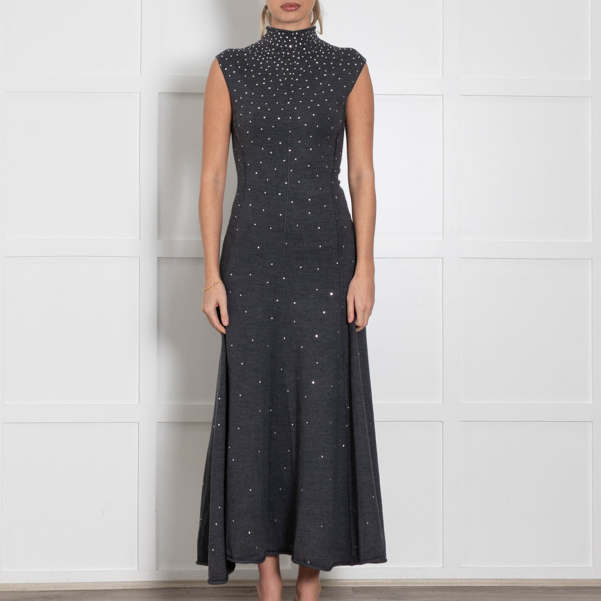 Maje Grey Wool Blend Rhinestone Embellished Knitted Max Dress