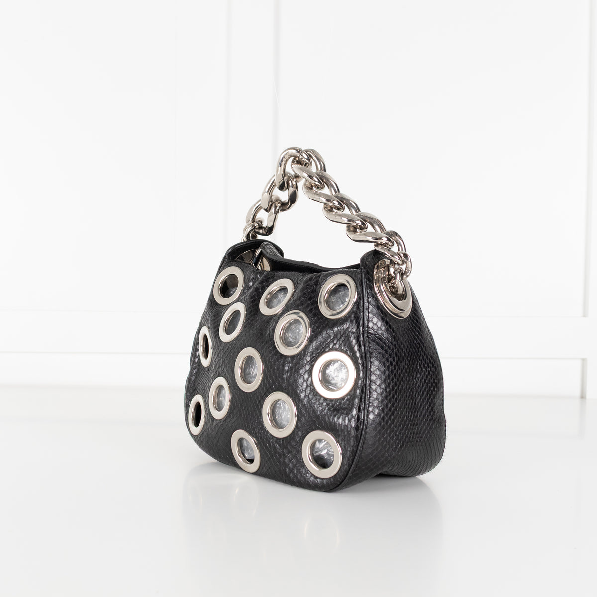 Prada Black Vitello Daino Silver Grommet Detail Bag