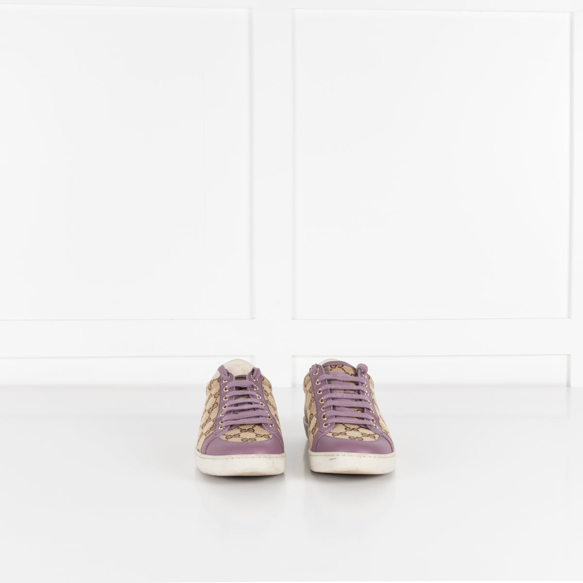 Gucci Beige Canvas Purple Trim Leather Guccissima Low Top Trainers