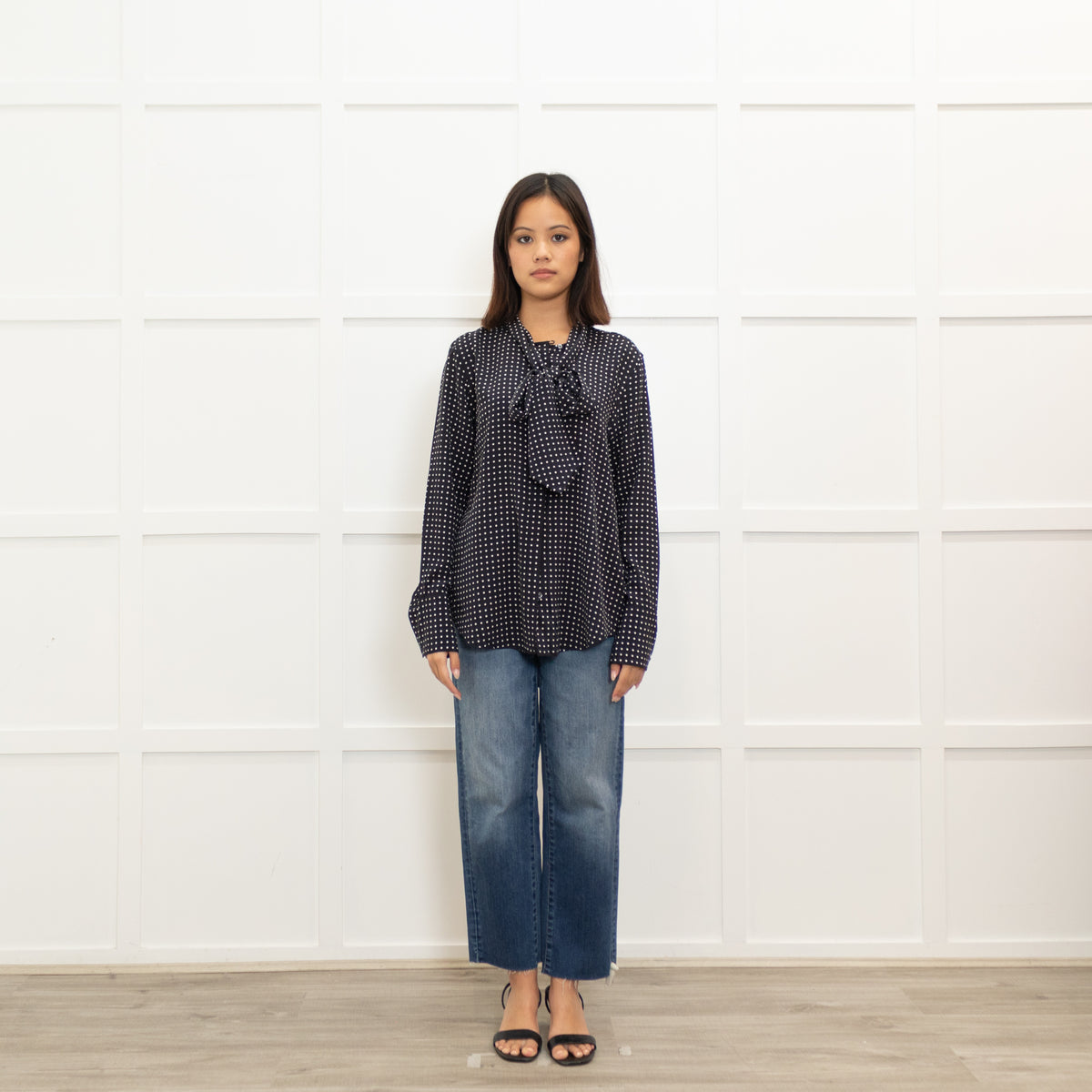 Equipment Black Polka Dot Tie Neck Blouse