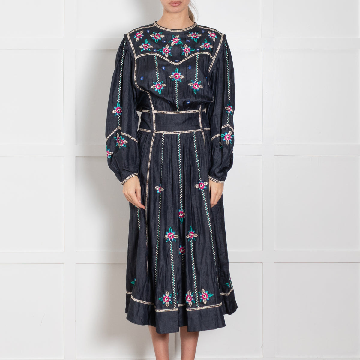 Isabel Marant Navy Blue Silk Embroidered Long Sleeve Dress