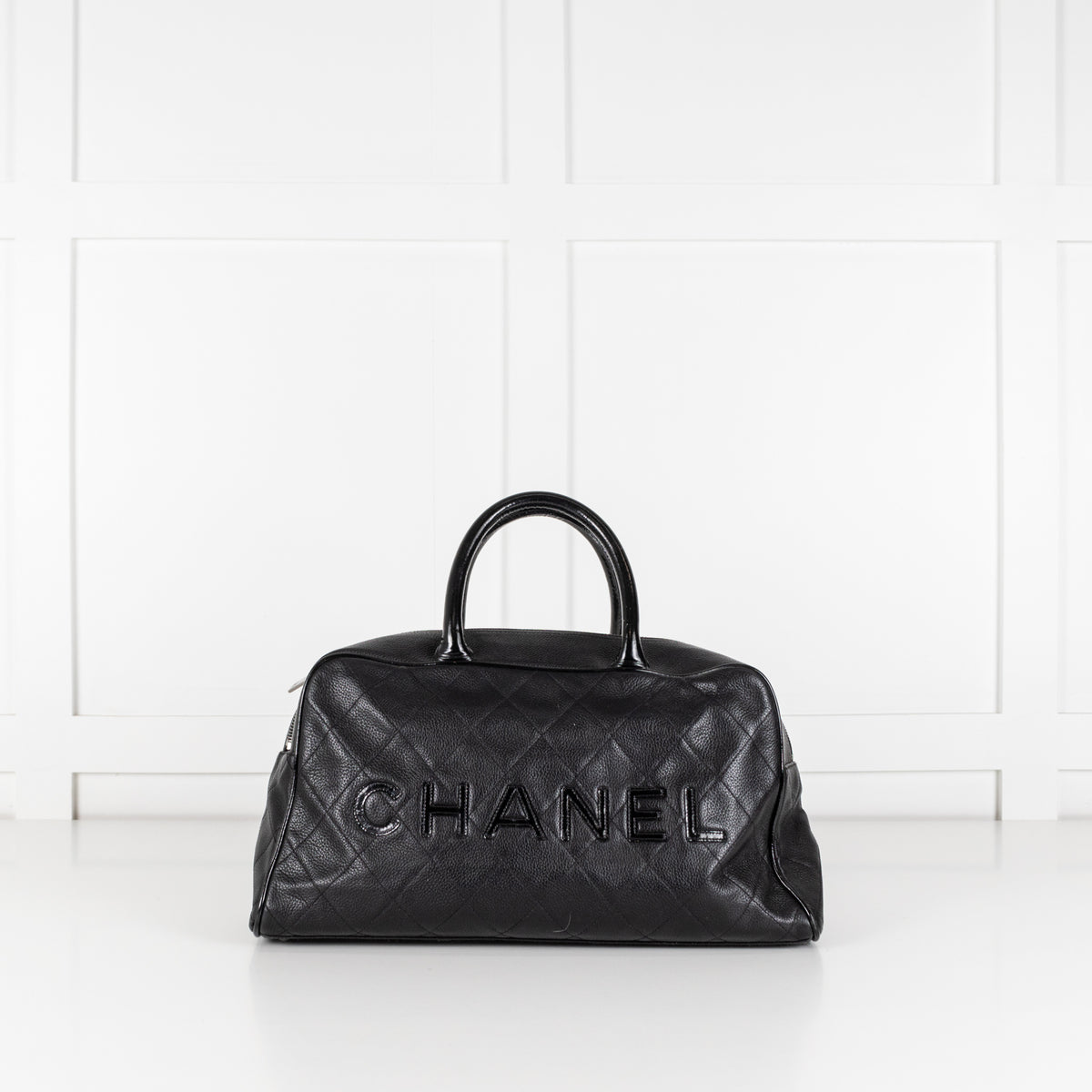 Chanel Quilted Black Caviar Logo Bowler Bag