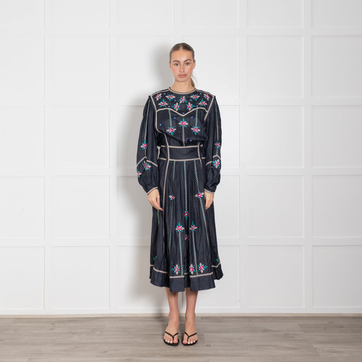 Isabel Marant Navy Blue Silk Embroidered Long Sleeve Dress