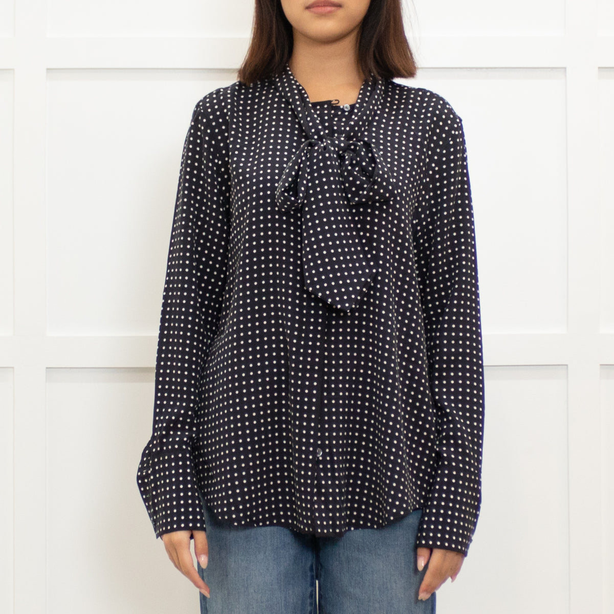 Equipment Black Polka Dot Tie Neck Blouse