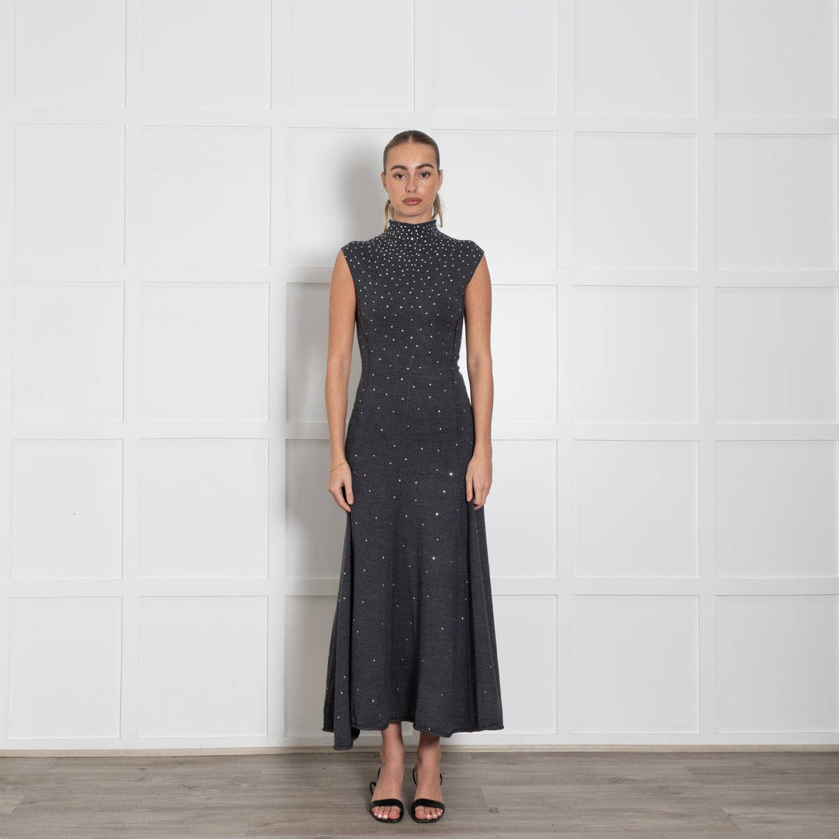 Maje Grey Wool Blend Rhinestone Embellished Knitted Max Dress