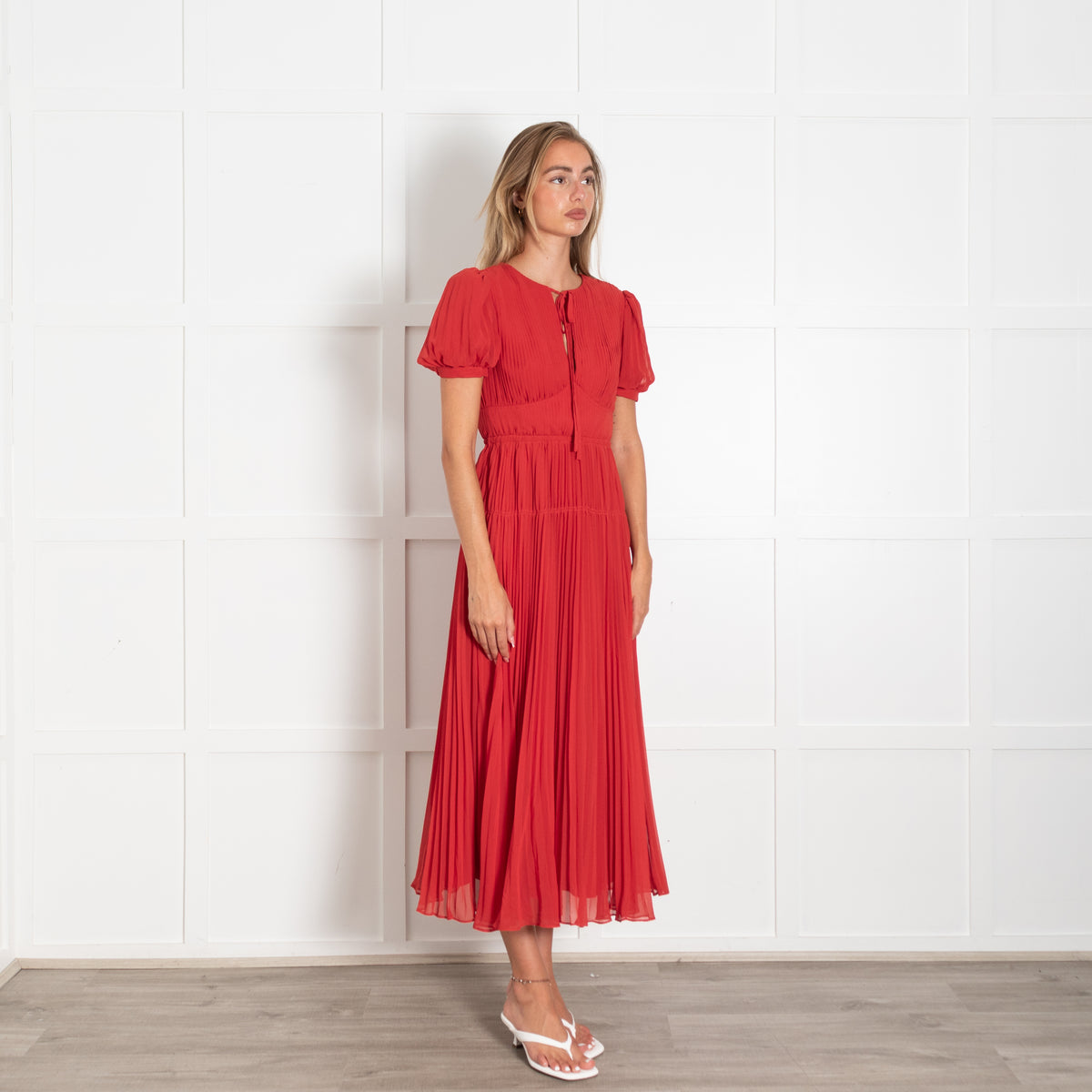 Self-Portrait Red Pleated Short Sleeve Midi Dress