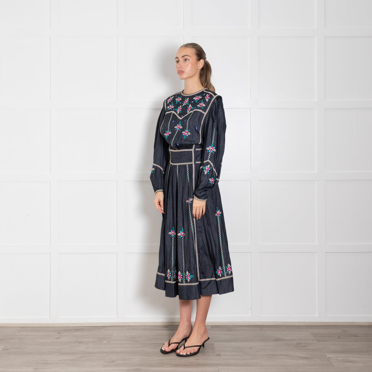 Isabel Marant Navy Blue Silk Embroidered Long Sleeve Dress