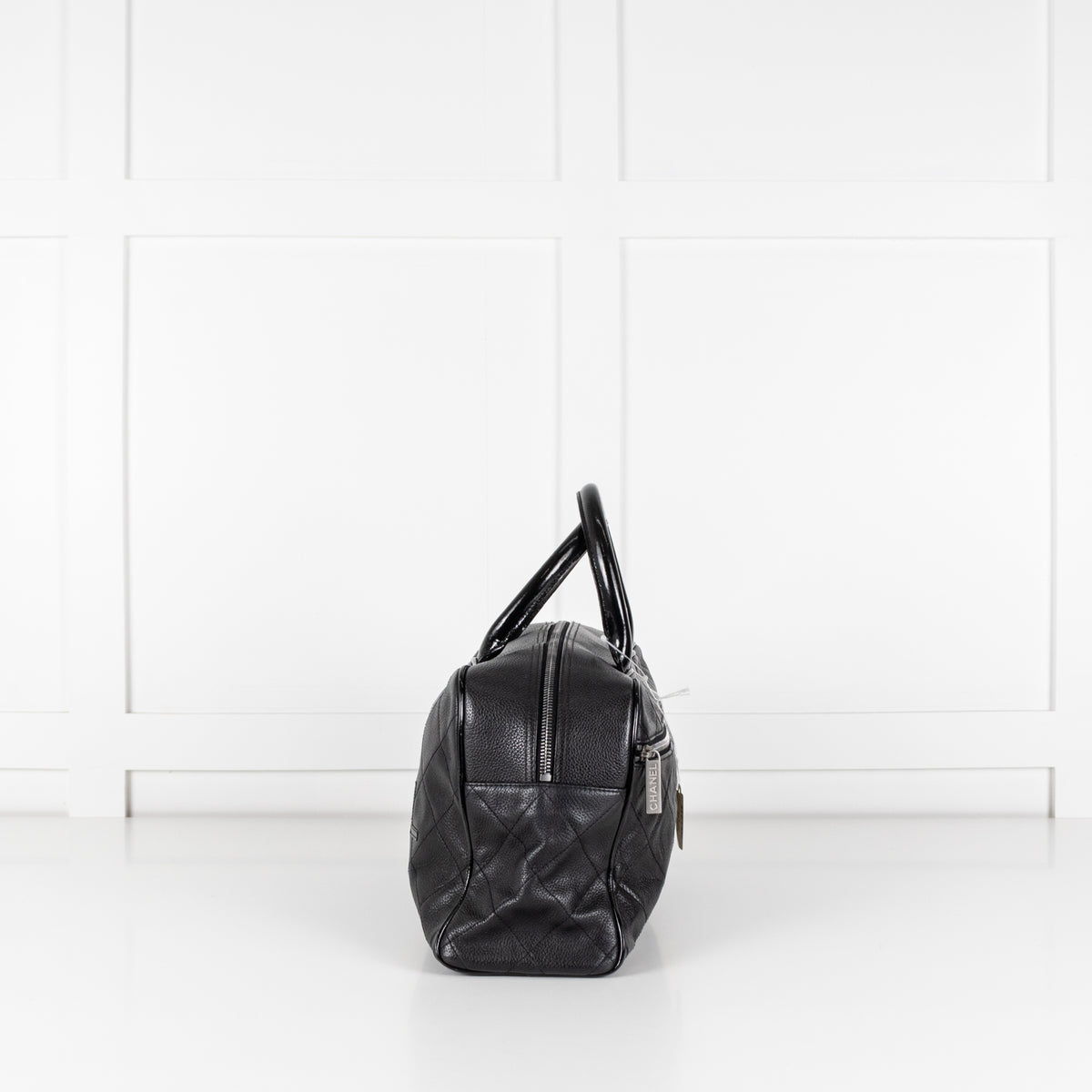 Chanel Quilted Black Caviar Logo Bowler Bag