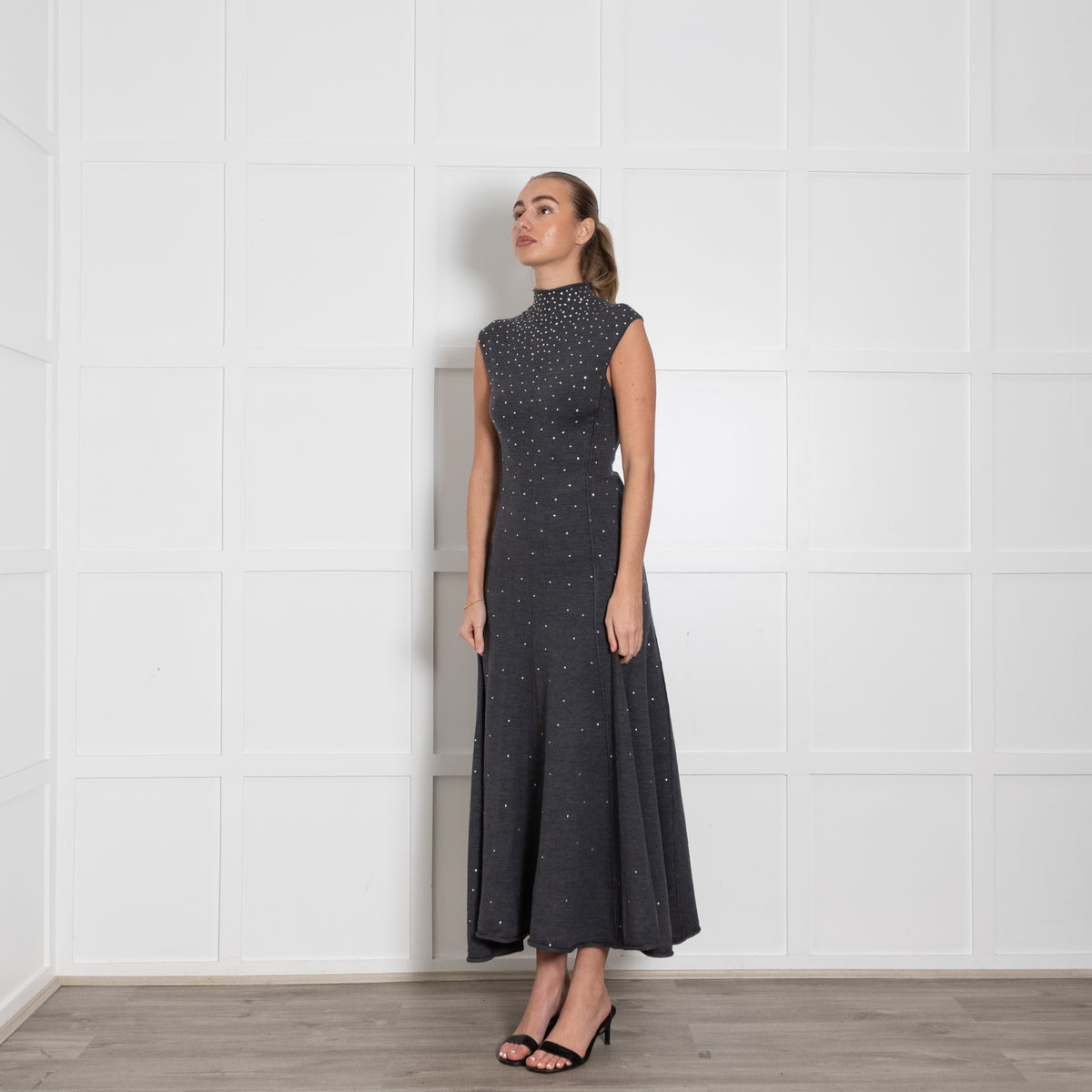 Maje Grey Wool Blend Rhinestone Embellished Knitted Max Dress