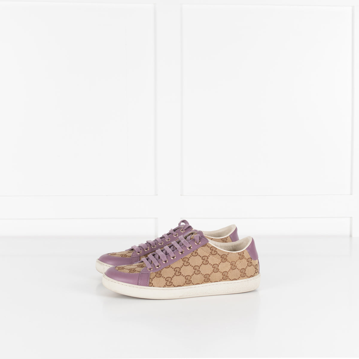 Gucci Beige Canvas Purple Trim Leather Guccissima Low Top Trainers