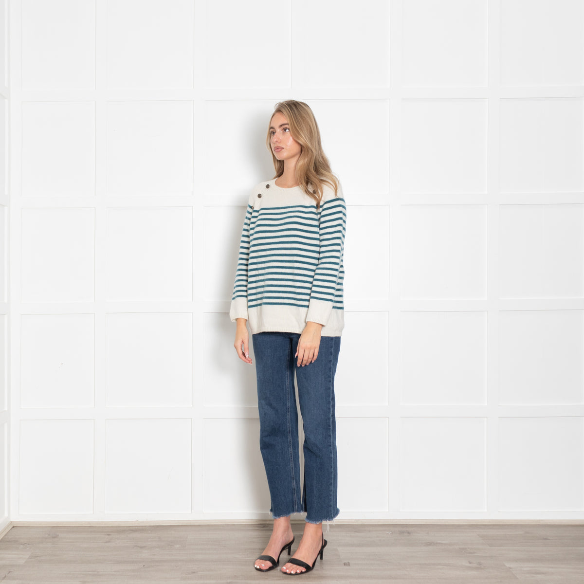 Wyse Cream Teal Striped Cashmere Jumper