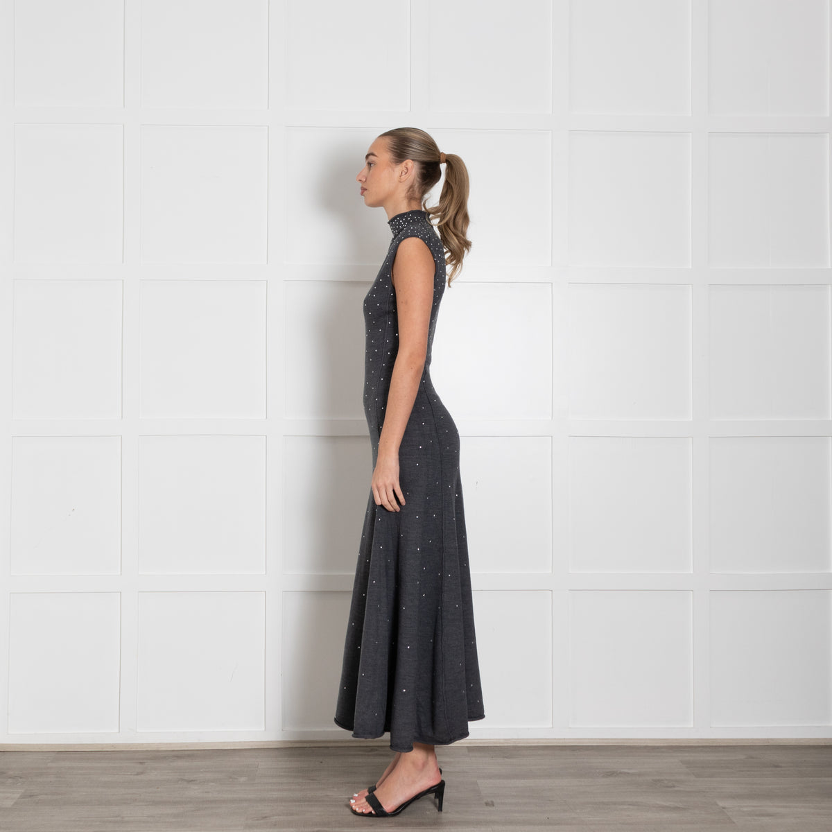 Maje Grey Wool Blend Rhinestone Embellished Knitted Max Dress