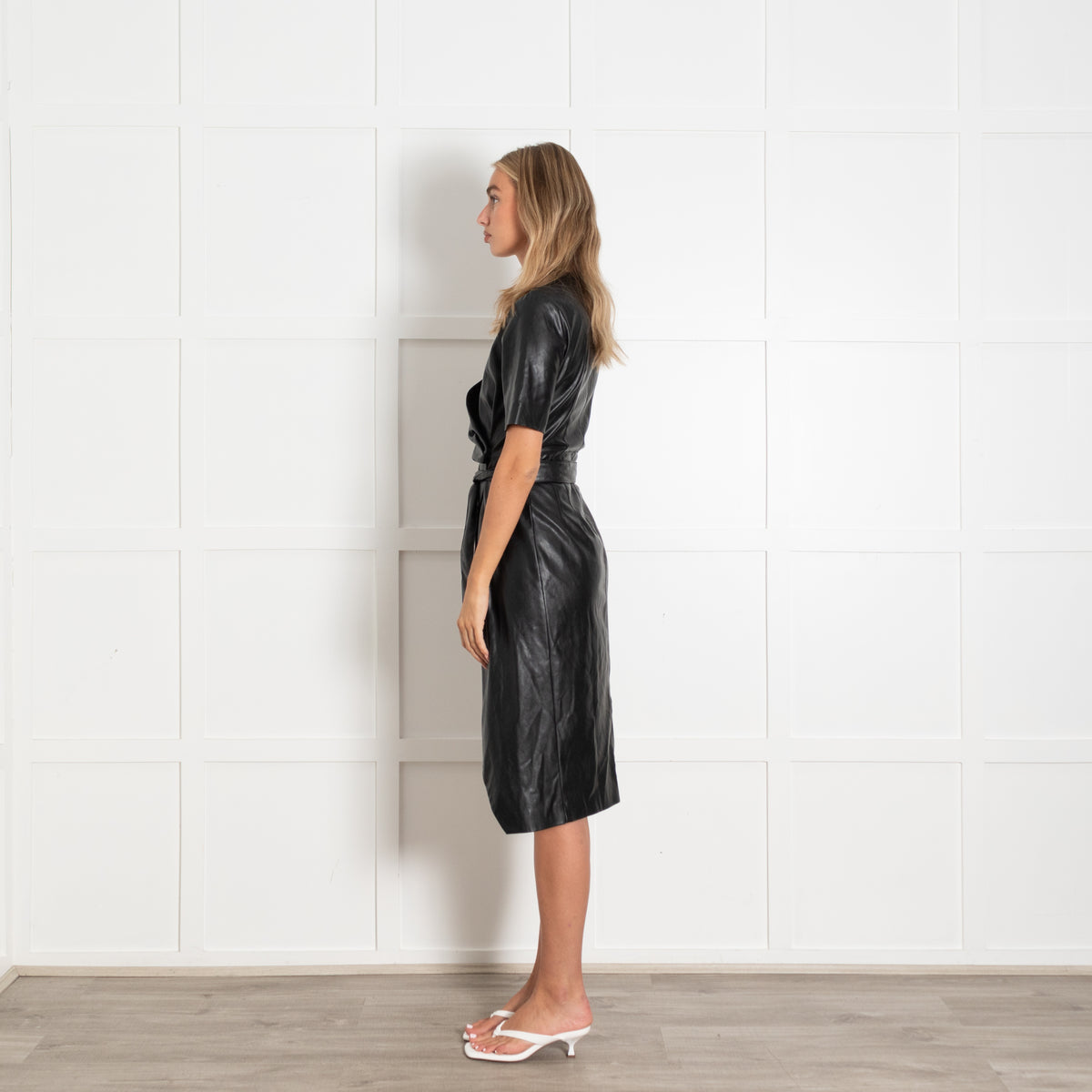 Pinko Black Faux Leather Belted Wrap Dress