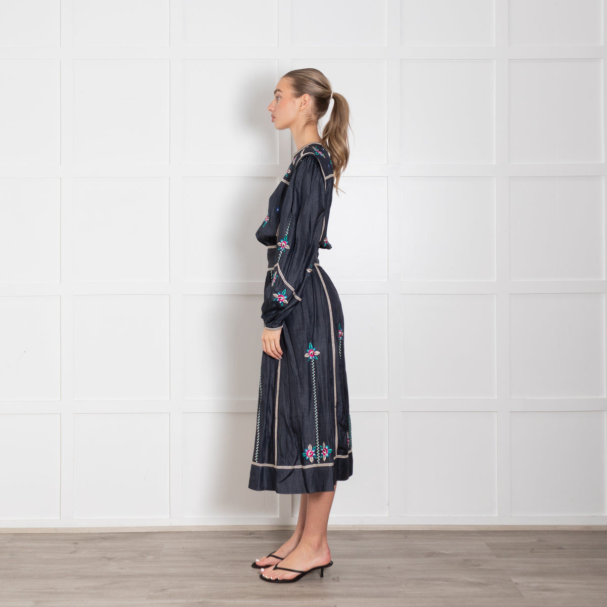 Isabel Marant Navy Blue Silk Embroidered Long Sleeve Dress