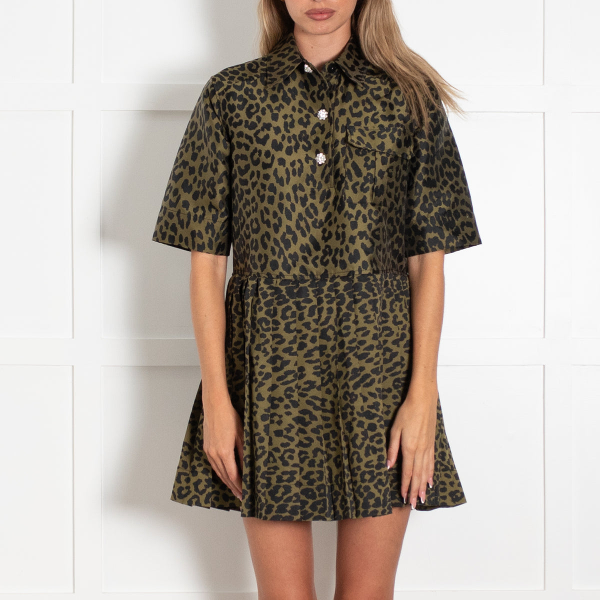 Ganni Khaki Green Leopard Print Crystal Button Short Dress