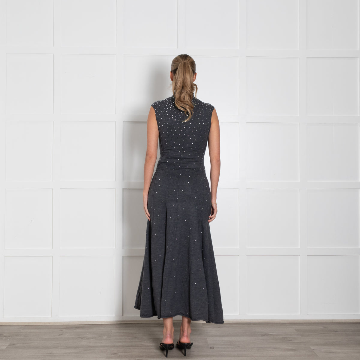 Maje Grey Wool Blend Rhinestone Embellished Knitted Max Dress