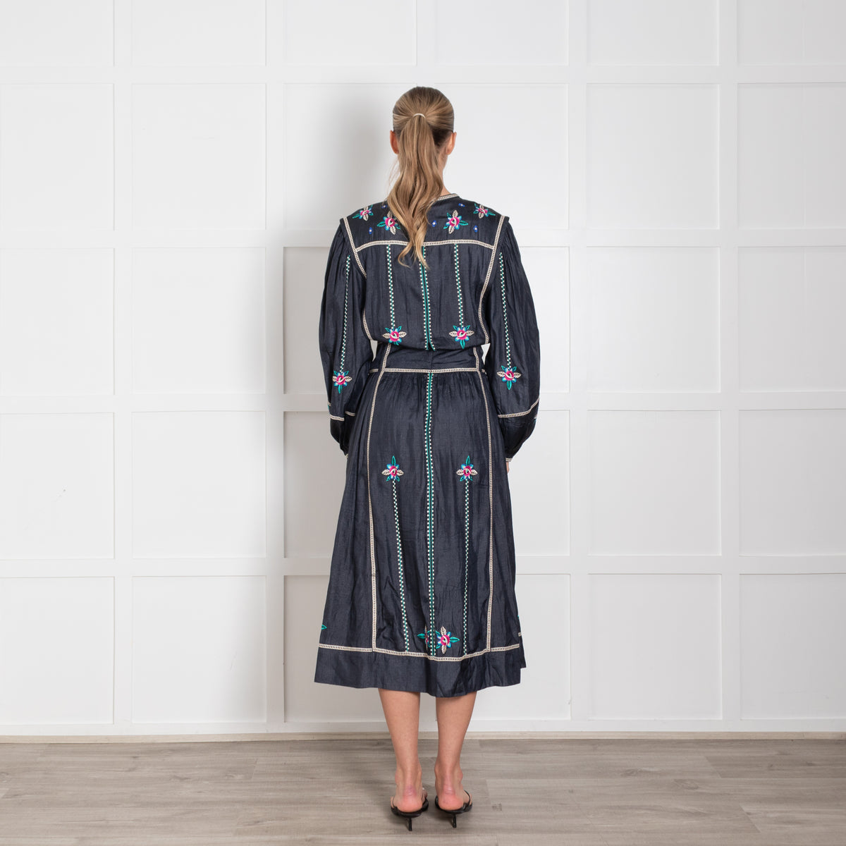 Isabel Marant Navy Blue Silk Embroidered Long Sleeve Dress