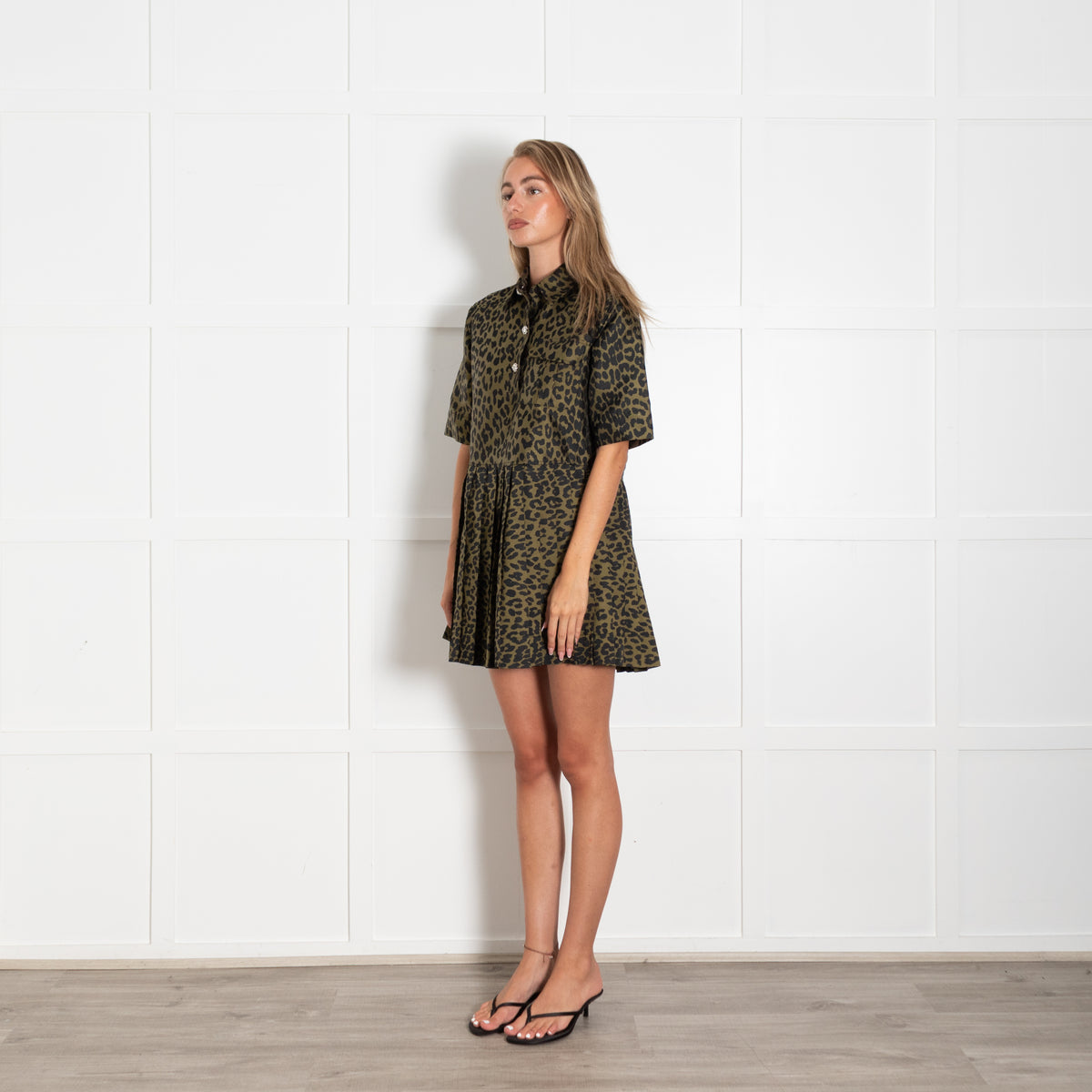 Ganni Khaki Green Leopard Print Crystal Button Short Dress
