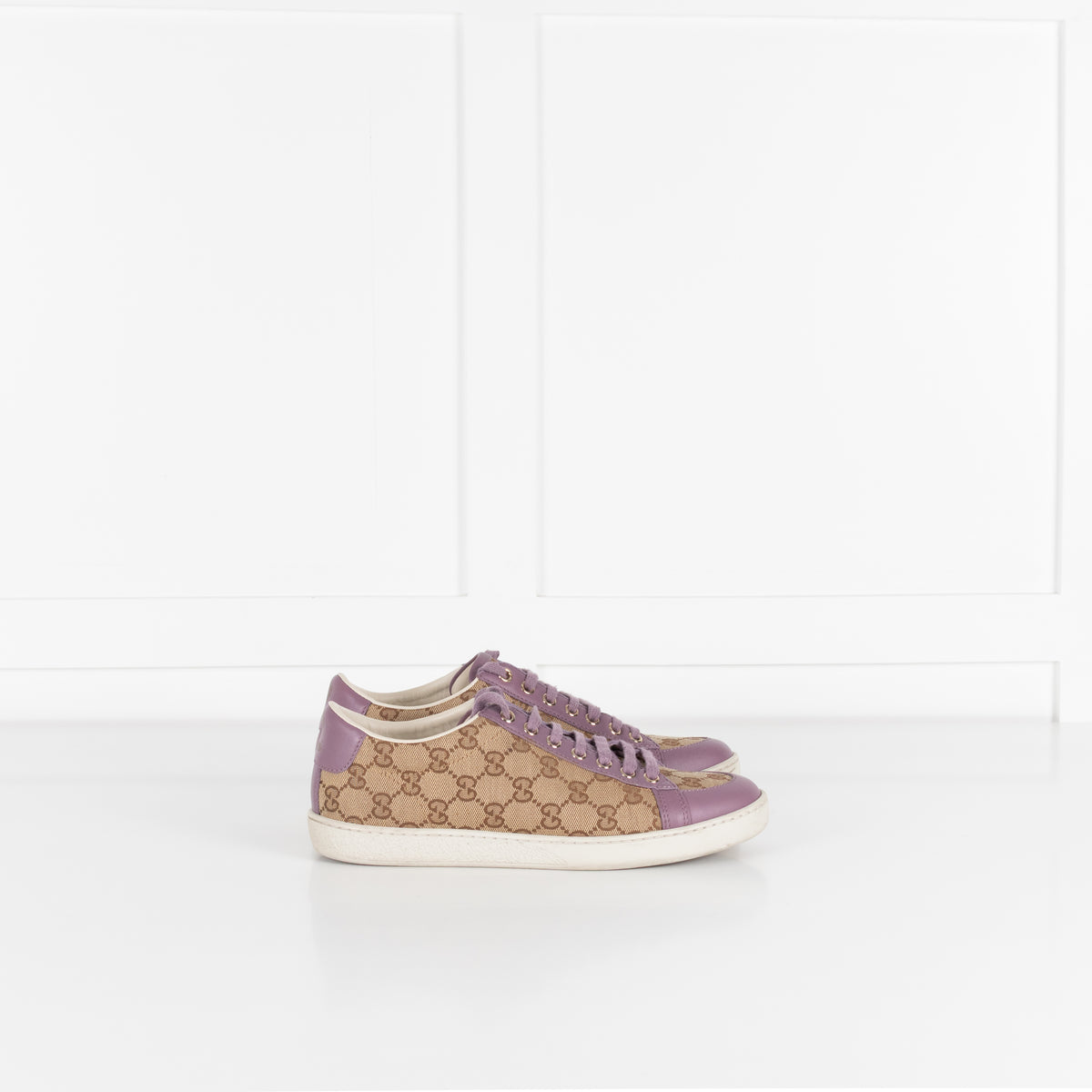 Gucci Beige Canvas Purple Trim Leather Guccissima Low Top Trainers