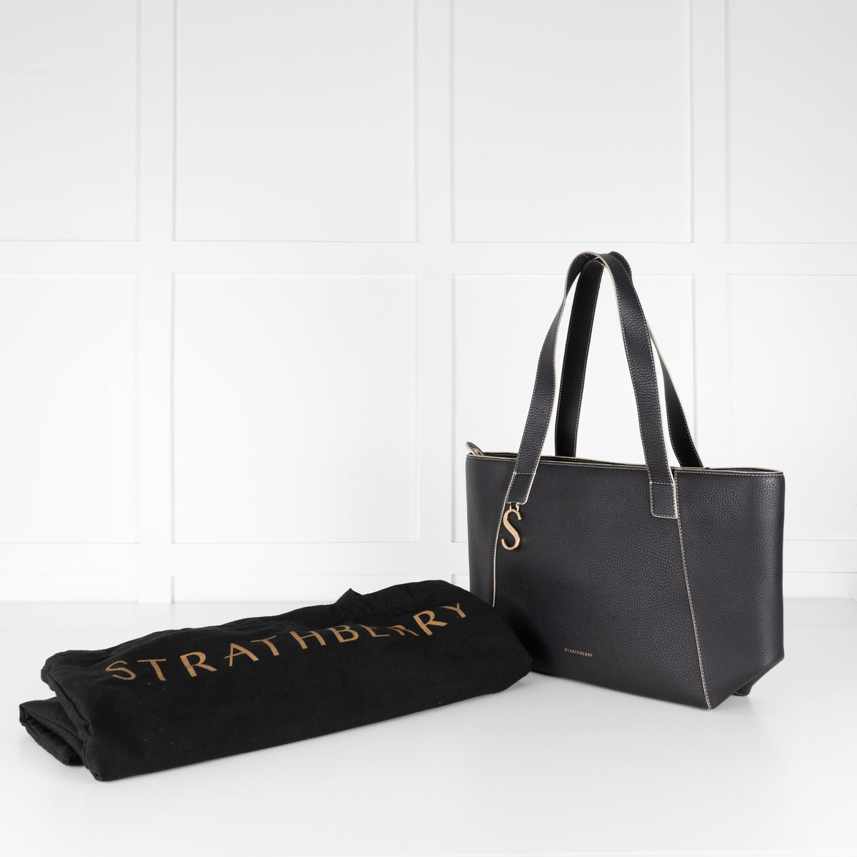 Strathberry Black Tote Bag with White Trim