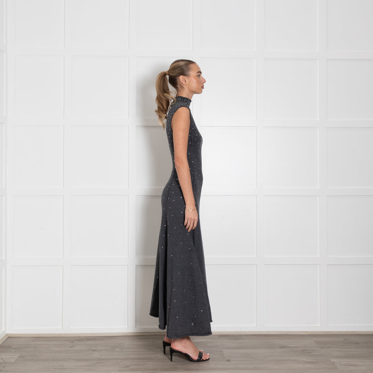 Maje Grey Wool Blend Rhinestone Embellished Knitted Max Dress