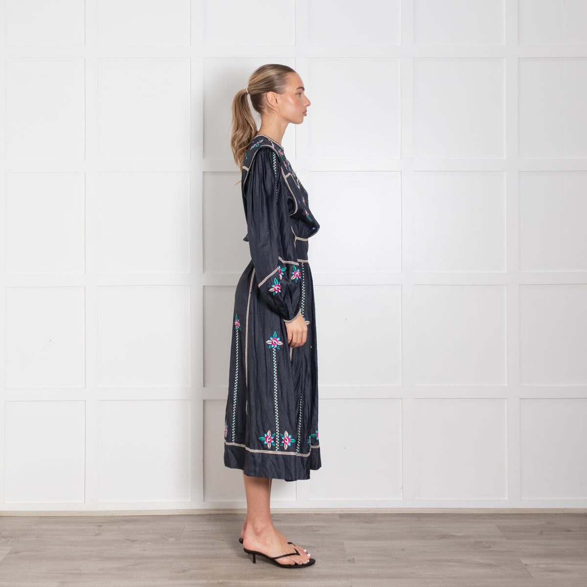 Isabel Marant Navy Blue Silk Embroidered Long Sleeve Dress
