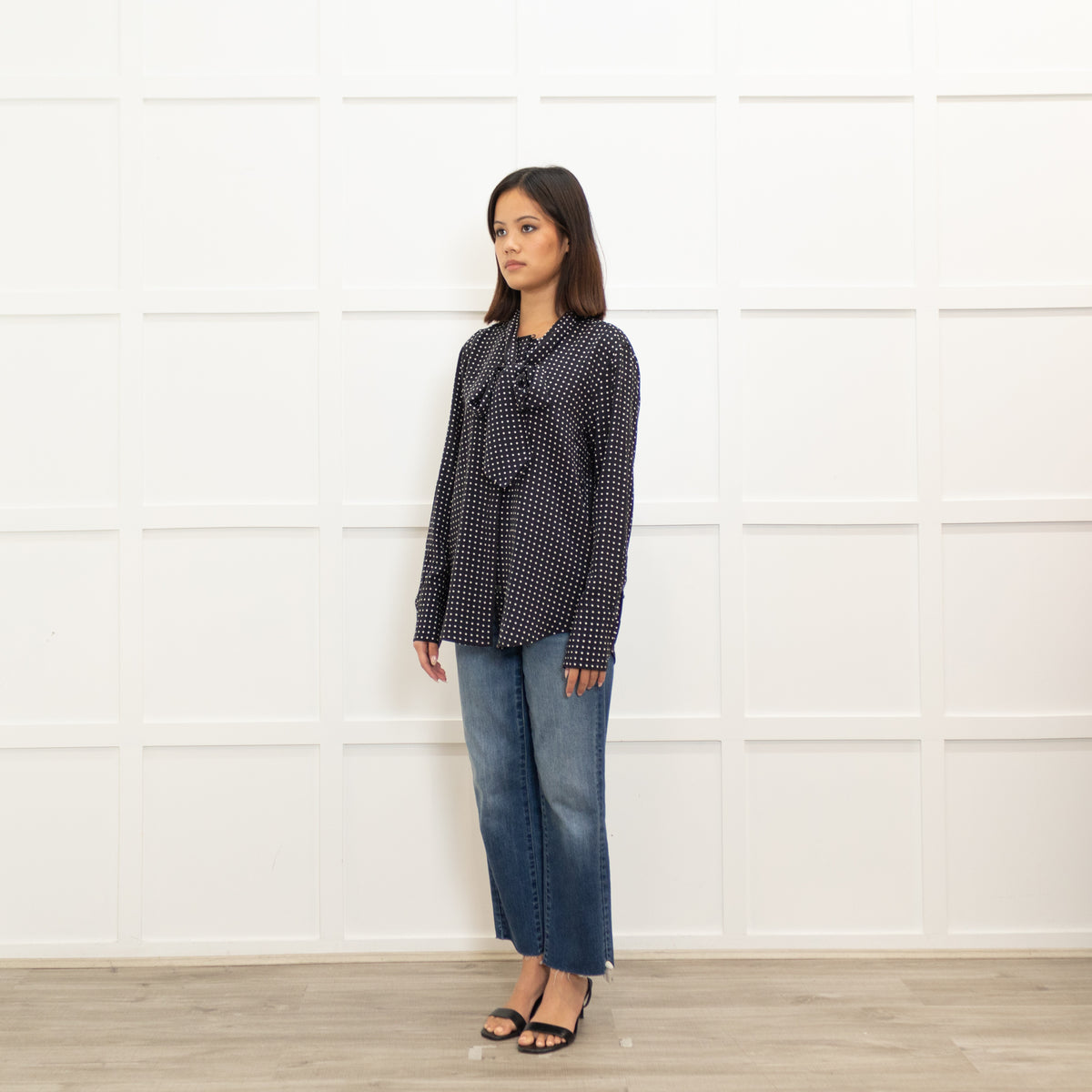 Equipment Black Polka Dot Tie Neck Blouse