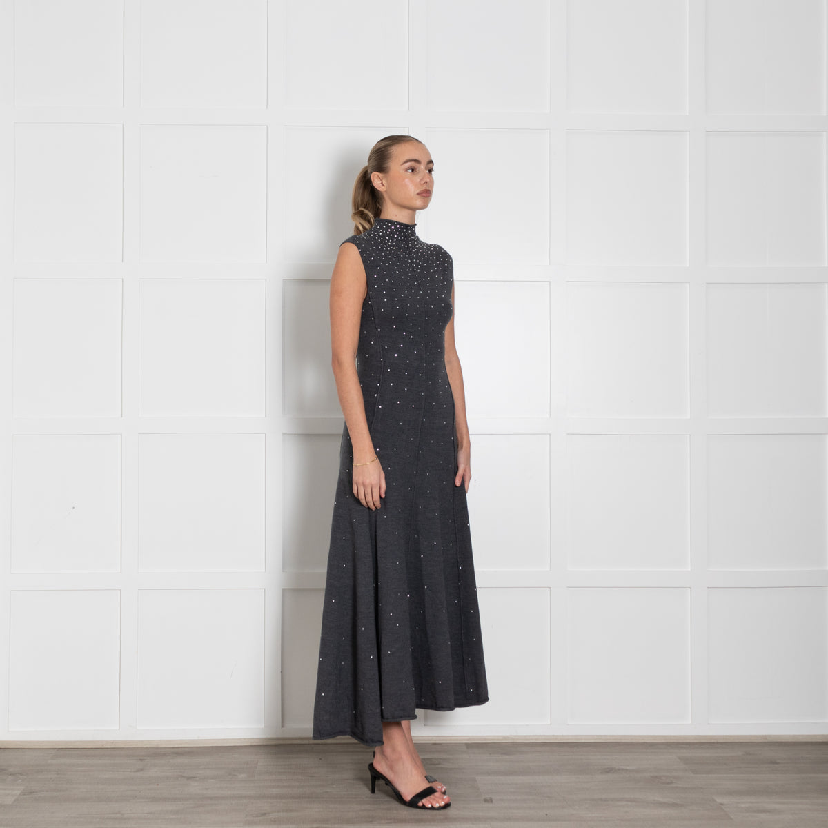 Maje Grey Wool Blend Rhinestone Embellished Knitted Max Dress