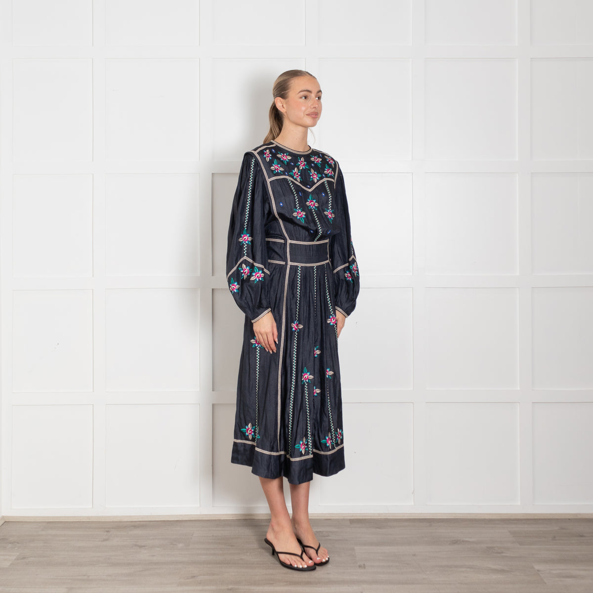 Isabel Marant Navy Blue Silk Embroidered Long Sleeve Dress