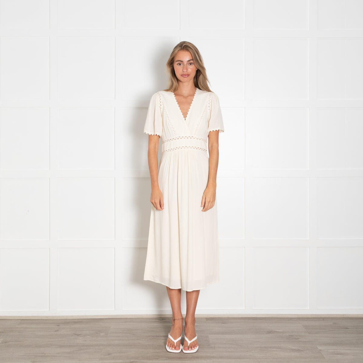 Ba&Sh Pale Yellow Scallop Trim Short Sleeve Midi Dress